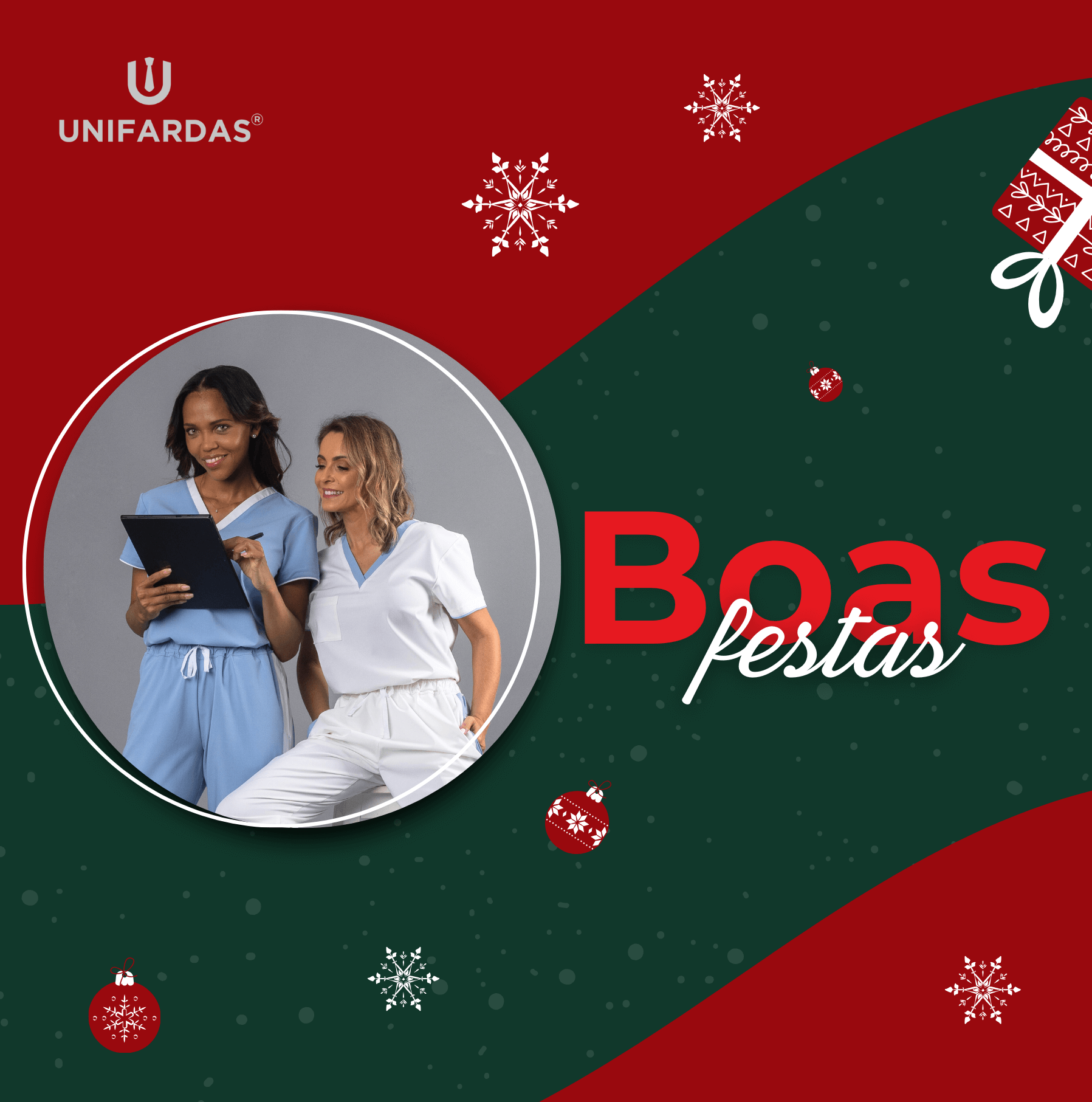 Imagem de natal com dias profissionais de saúde vestidas com as fardas e uniformes fabricadas pela Unifardas