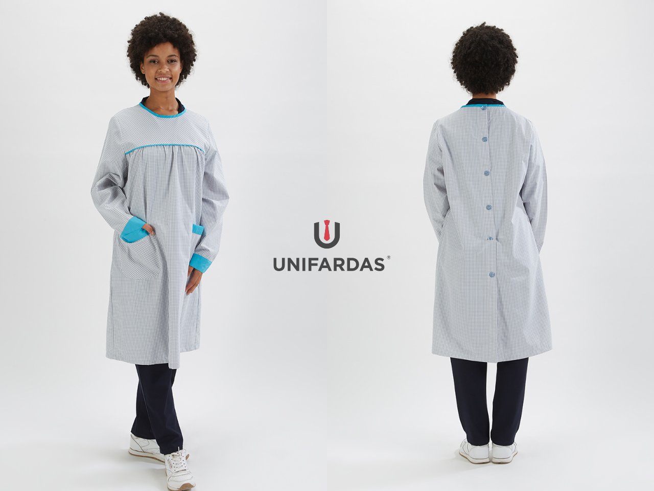 mulher a utilizar farda de educadora azul